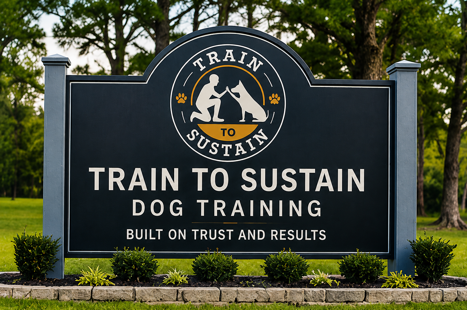 Train to Sustain dog training sign with black background, white text, and a dog logo by a roadside garden