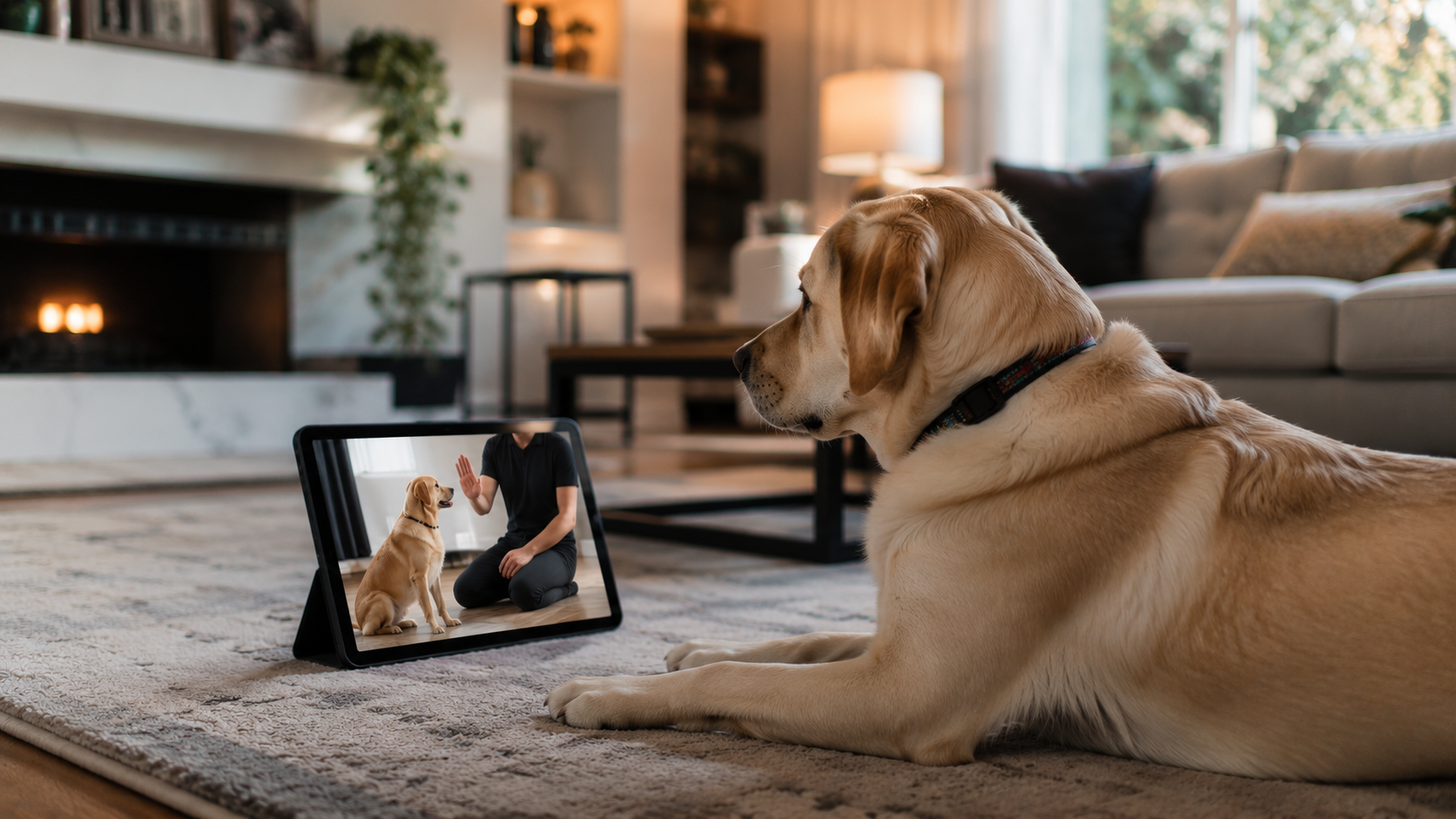 Dog lying on a rug watching a tablet showing a dog video in a cozy living room.