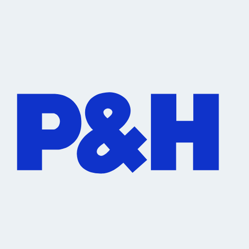 A blue  P&H logo on a white background