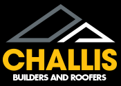 A logo for challis builders and roofers with a triangle on a black background.