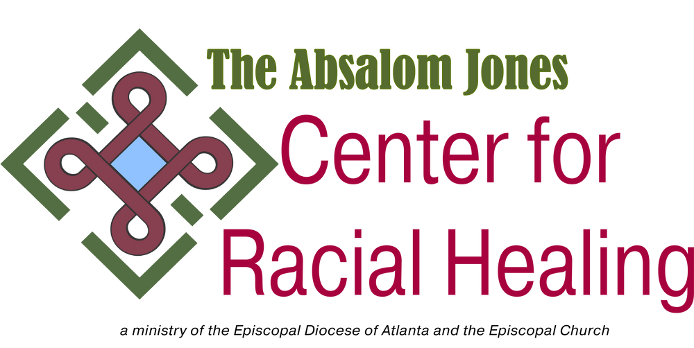 Logo for The Absalom Jones Center for Racial Healing, featuring a stylized knot icon and the organization's name.