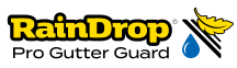 A raindrop pro gutter guard logo with a leaf and a drop of water.