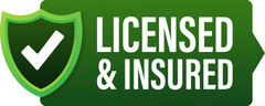 A licensed and insured badge and an accredited business badge on a white background.