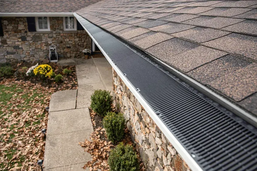 A house with a gutter on the side of it and a walkway leading to it.