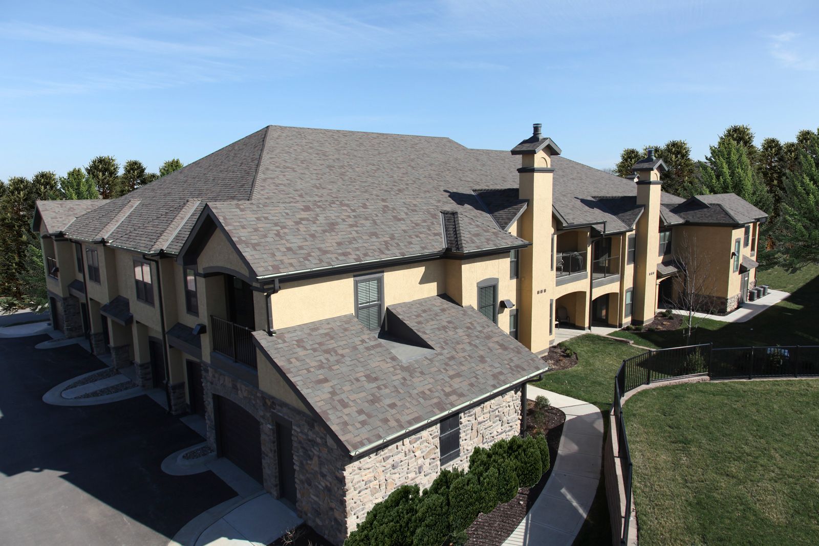 An aerial view of a large apartment building