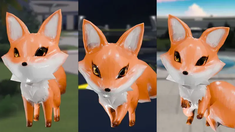 Three orange fox type companion pets in the RFOX VALT metaverse that can be unlocked be collecting and earning Plaxma XP