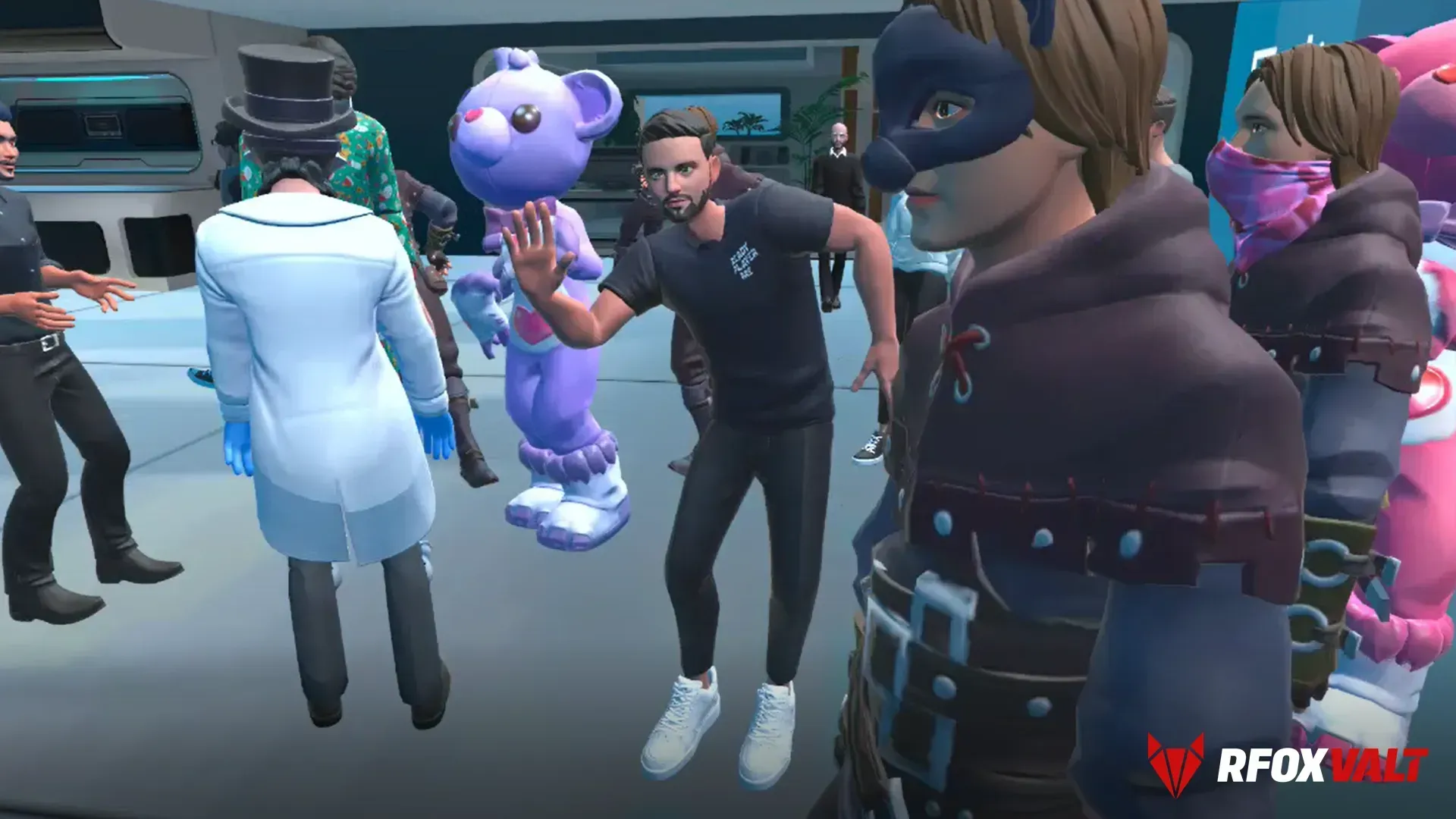 3D virtual reality avatars posing in a Sky Apartment in the RFOX VALT metaverse