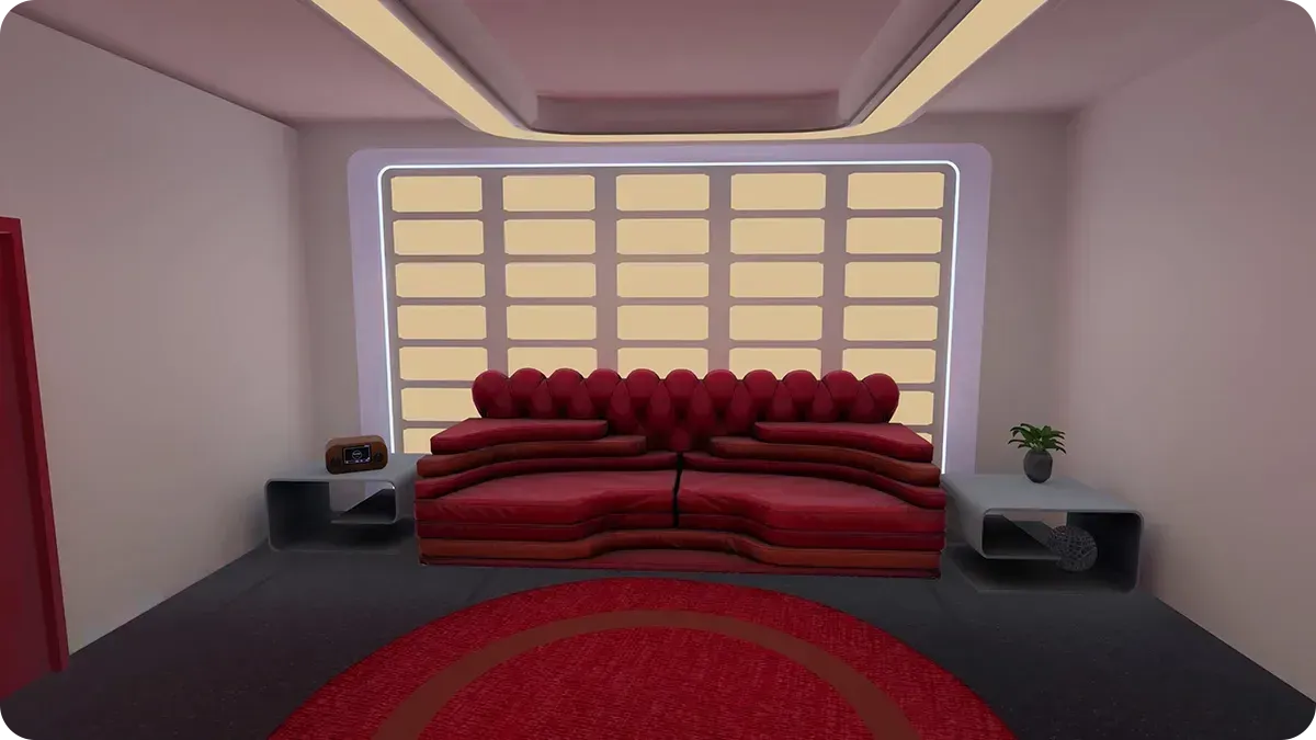 Screenshot of the Standard Apartment showing a customized wide red sofa in the RFOX VALT metaverse