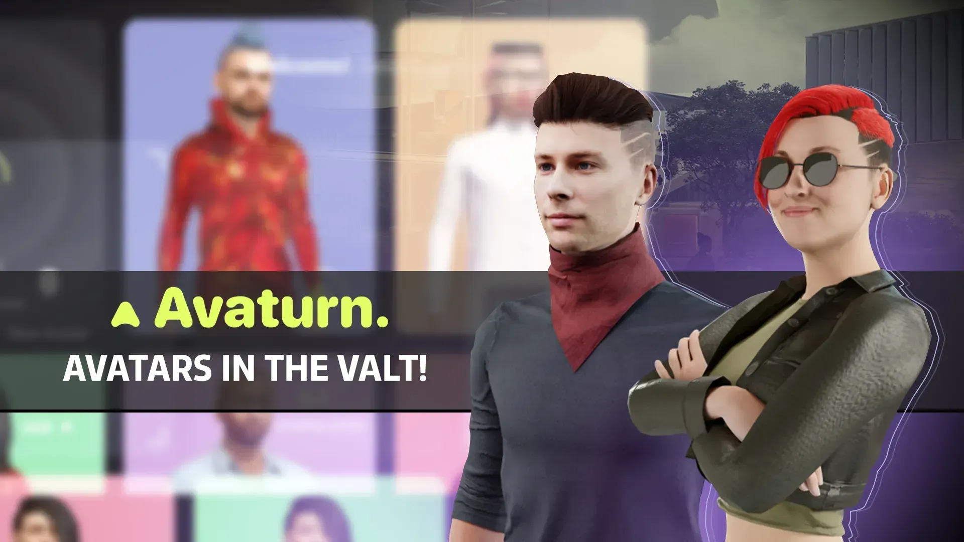 Image with text that says Avaturn and Avatars in the VALT! and two customized avatars on the right side