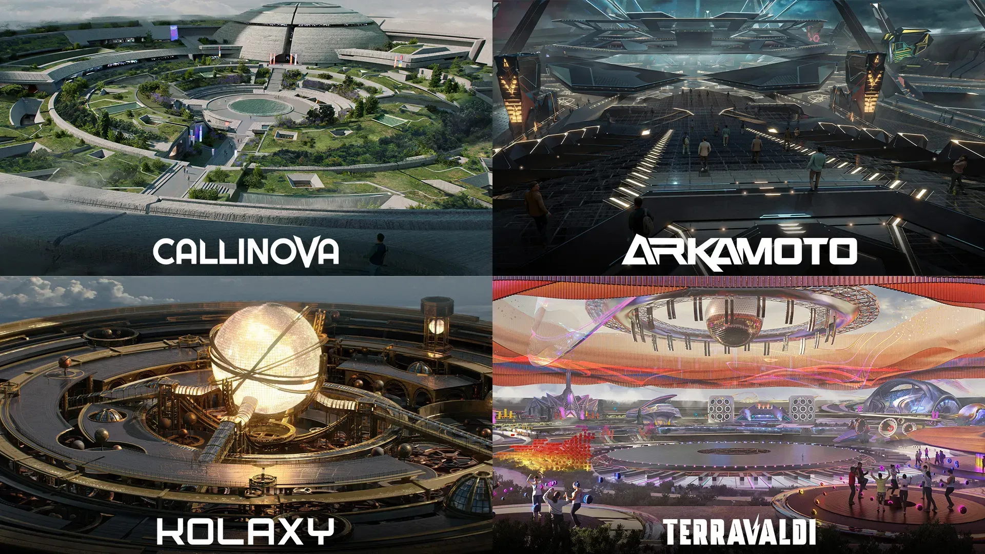 The four quarters: Callinova, Arkamoto, Terravaldi, and Kolaxy, in the RFOX VALT metaverse