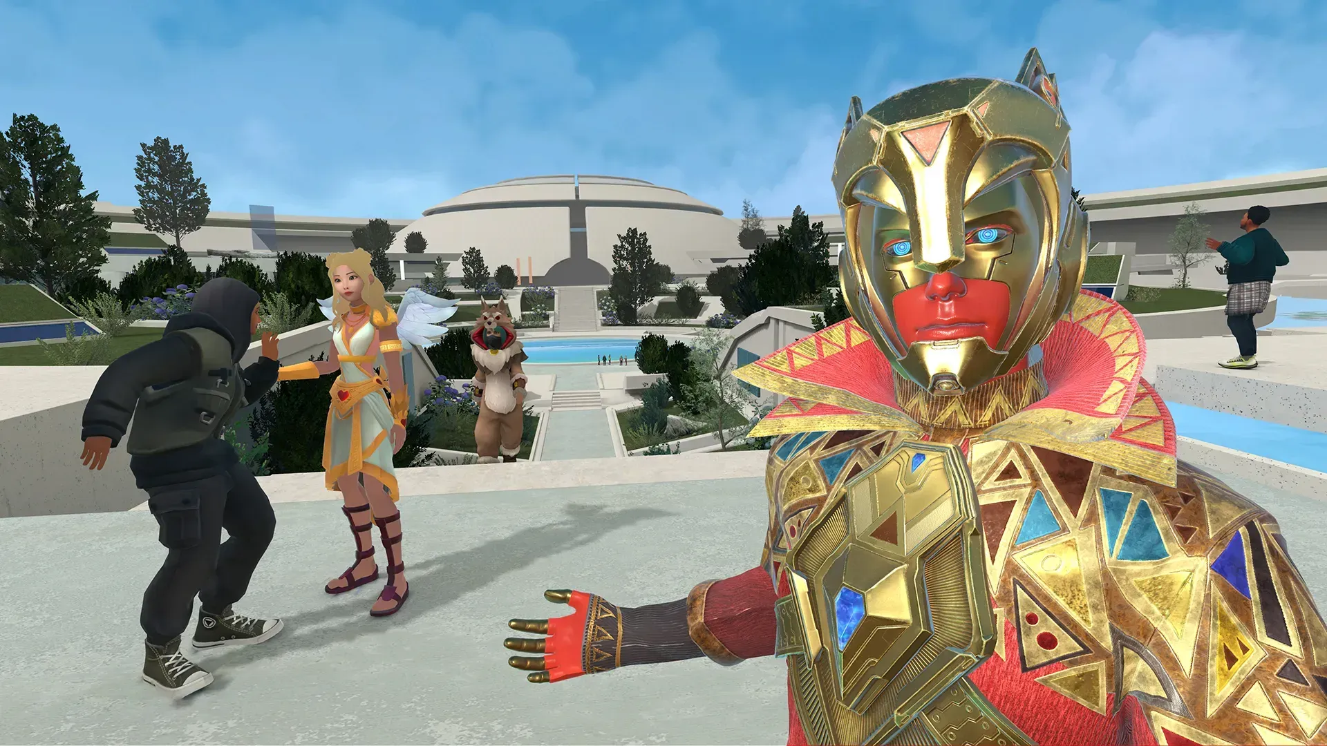 A welcoming gesture of a Callinova CitiXen avatar into the Callinova quarter of the RFOX VALT metaverse