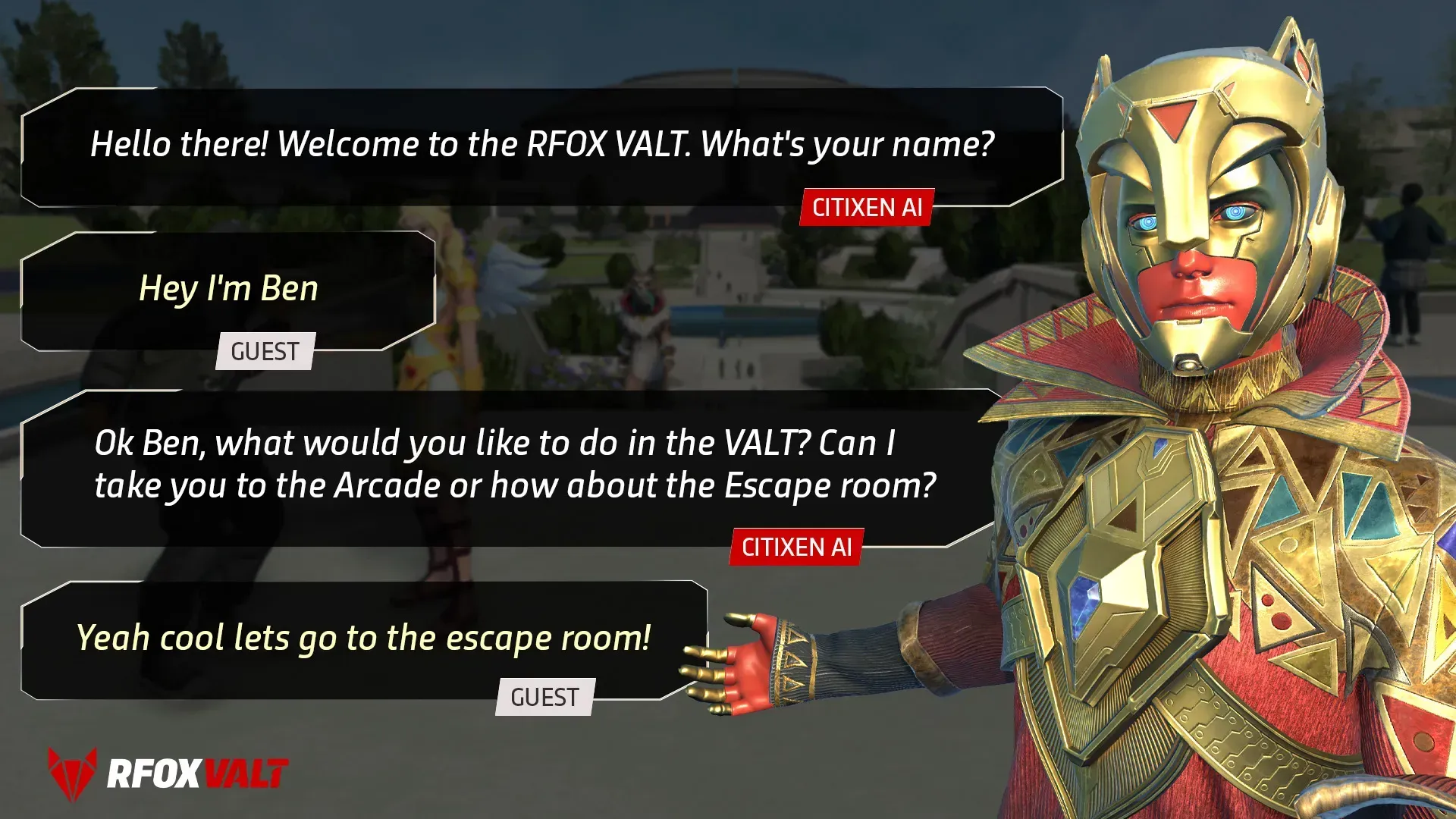 Callinovian CitiXen operated by AI as NPC in the Callinova quarter of the RFOX VALT metaverse
