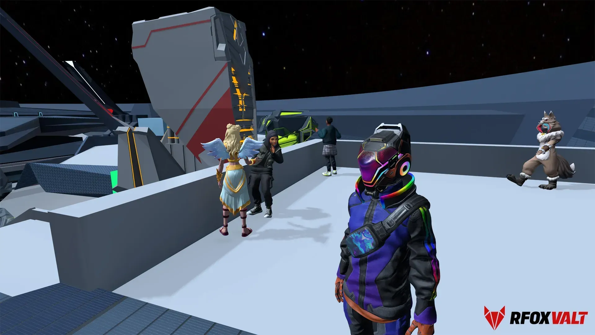 CitiXens and avatars visiting the Arkamoto quarter in the RFOX VALT metaverse