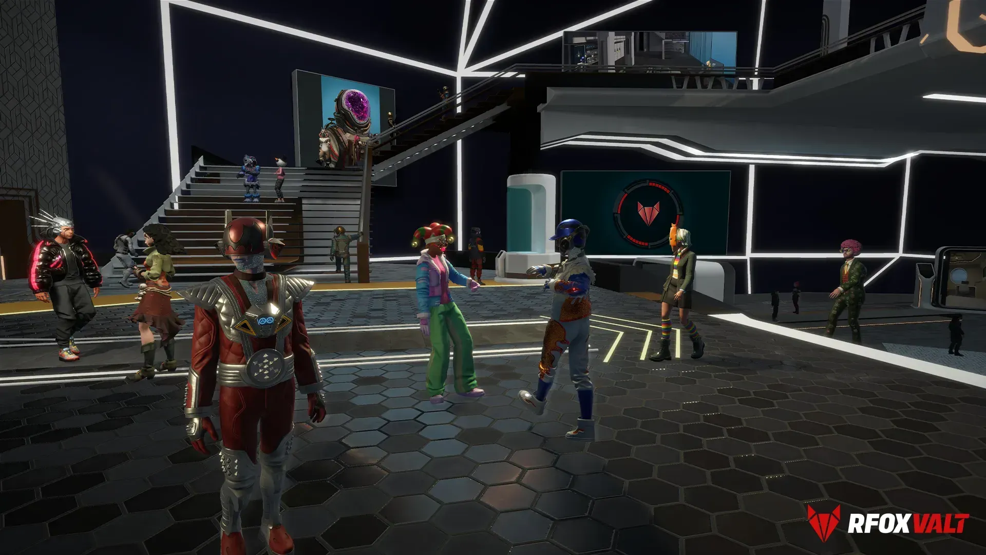 CitiXens and avatars are walking around inside a District hall in the RFOX VALT metaverse
