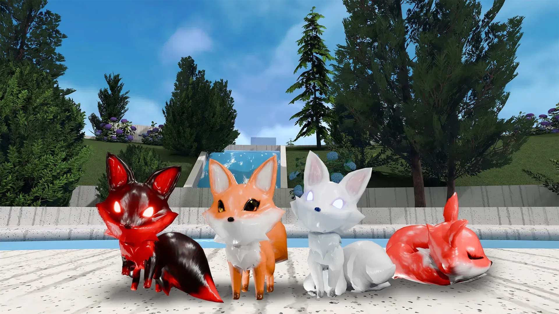 A group of FoXes Companions are standing next to each other in front of a fountain in Callinova of the RFOX VALT metaverse