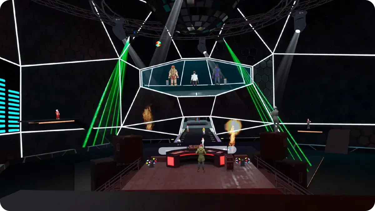 Screenshot showing the DJ stage in the DJ Events space of the RFOX VALT metaverse
