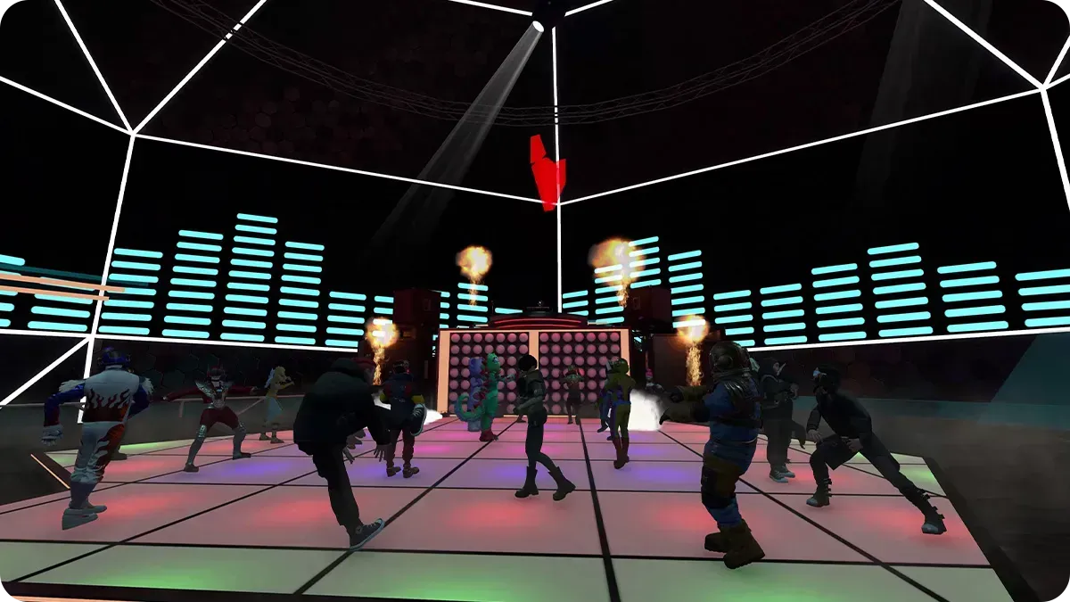 Screenshot showing CitiXens and avatars dancing on the dance floor of the DJ Event space in the RFOX VALT metaverse