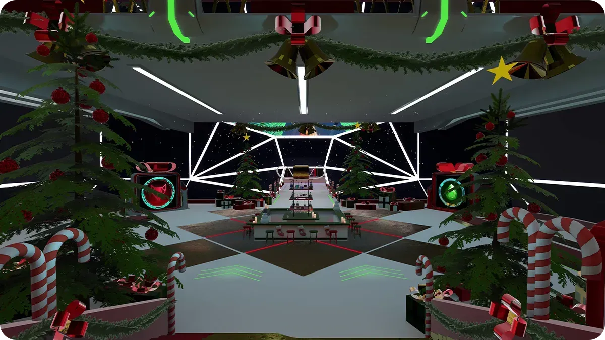 Screenshot of showing the Holiday Christmas design of a District in the RFOX VALT metaverse