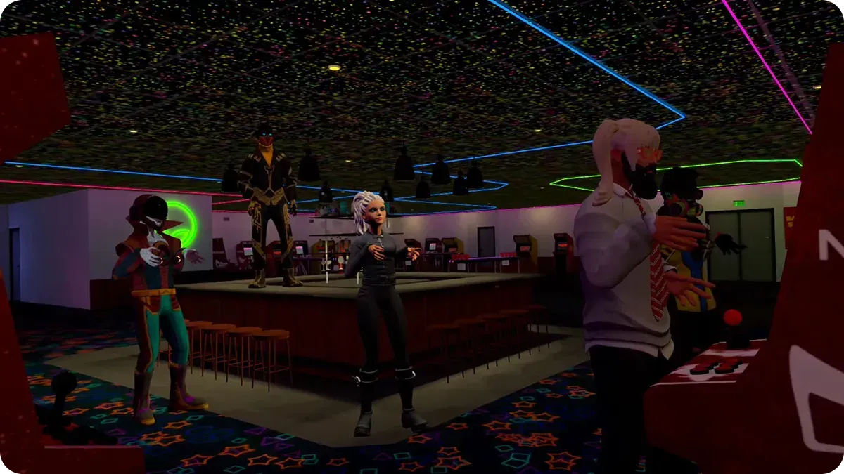 Screenshot of avatars playing arcade games in the Quarter Zone as one of the Districts of the RFOX VALT metaverse