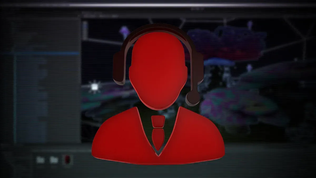 Graphics of a customer support personnel icon in a District background of the RFOX VALT metaverse