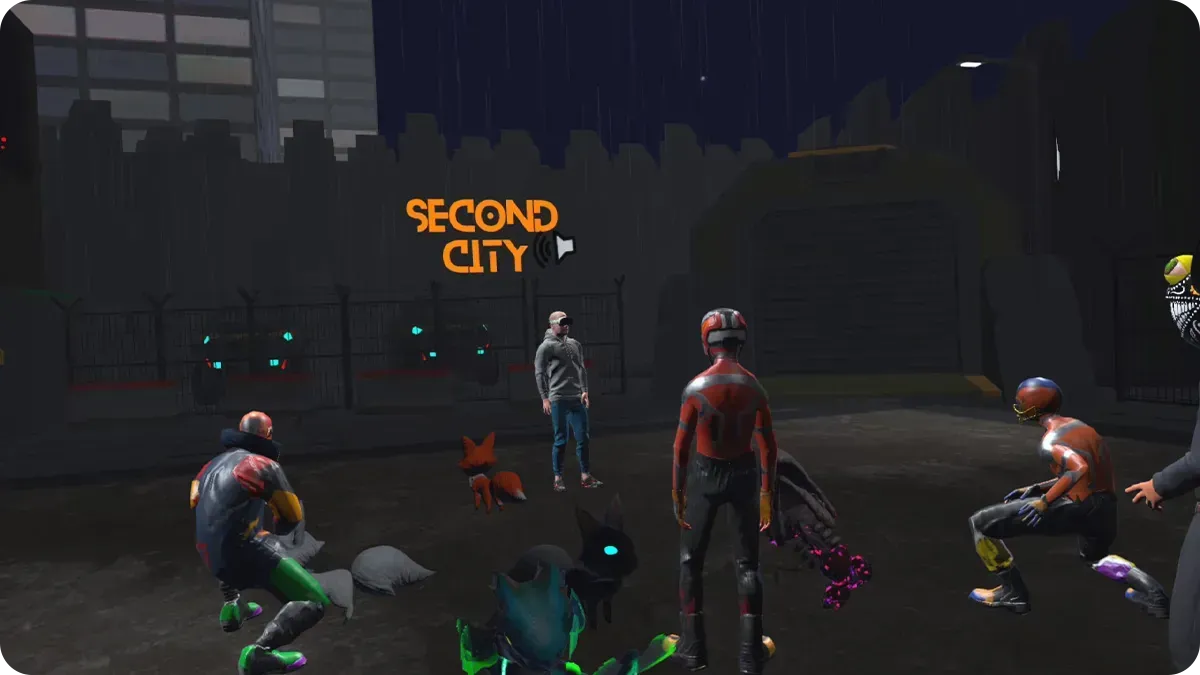 Screenshot of CitiXens and avatars having conversations in the Second City area as one of the Districts of the RFOX VALT metaverse