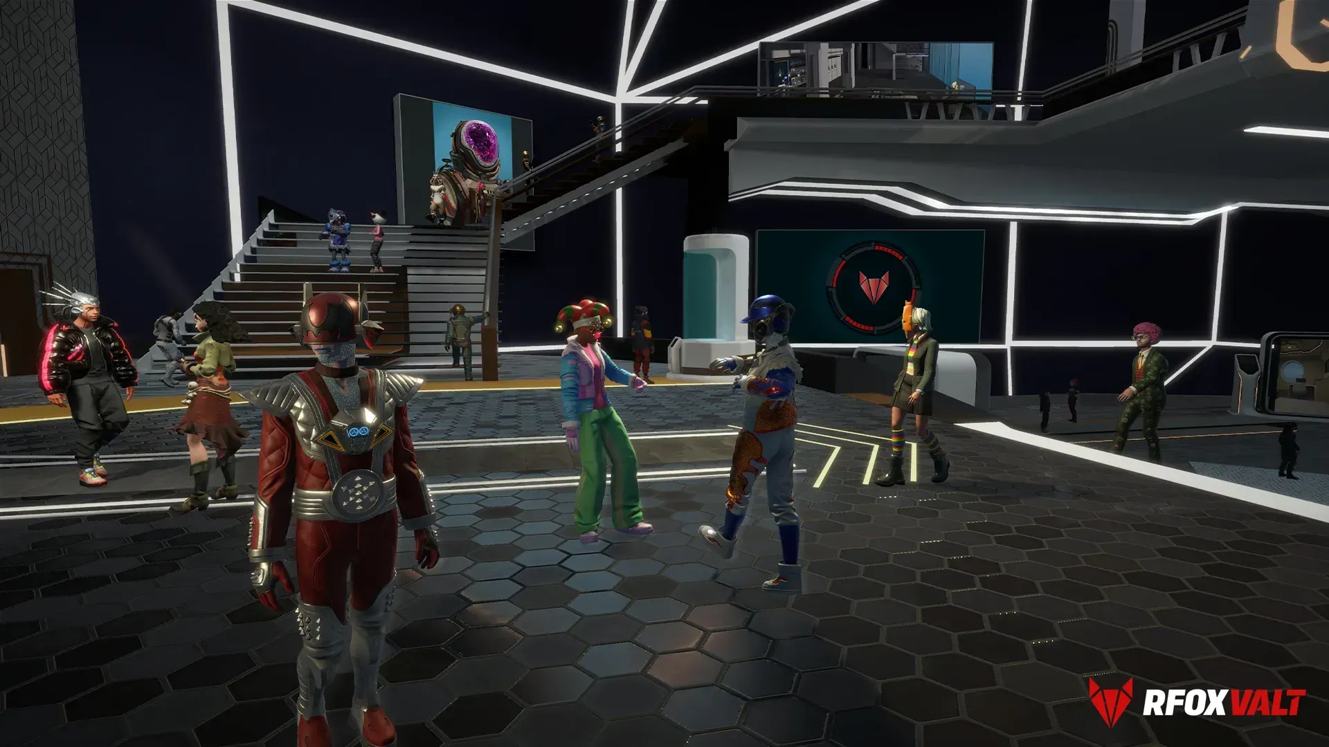 Several CitiXens and avatars are visiting a District in the RFOX VALT metaverse