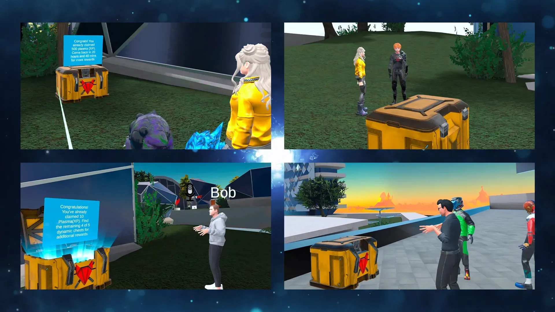 Four screenshots of yellow chests with avatars and CitiXens in the RFOX VALT metaverse