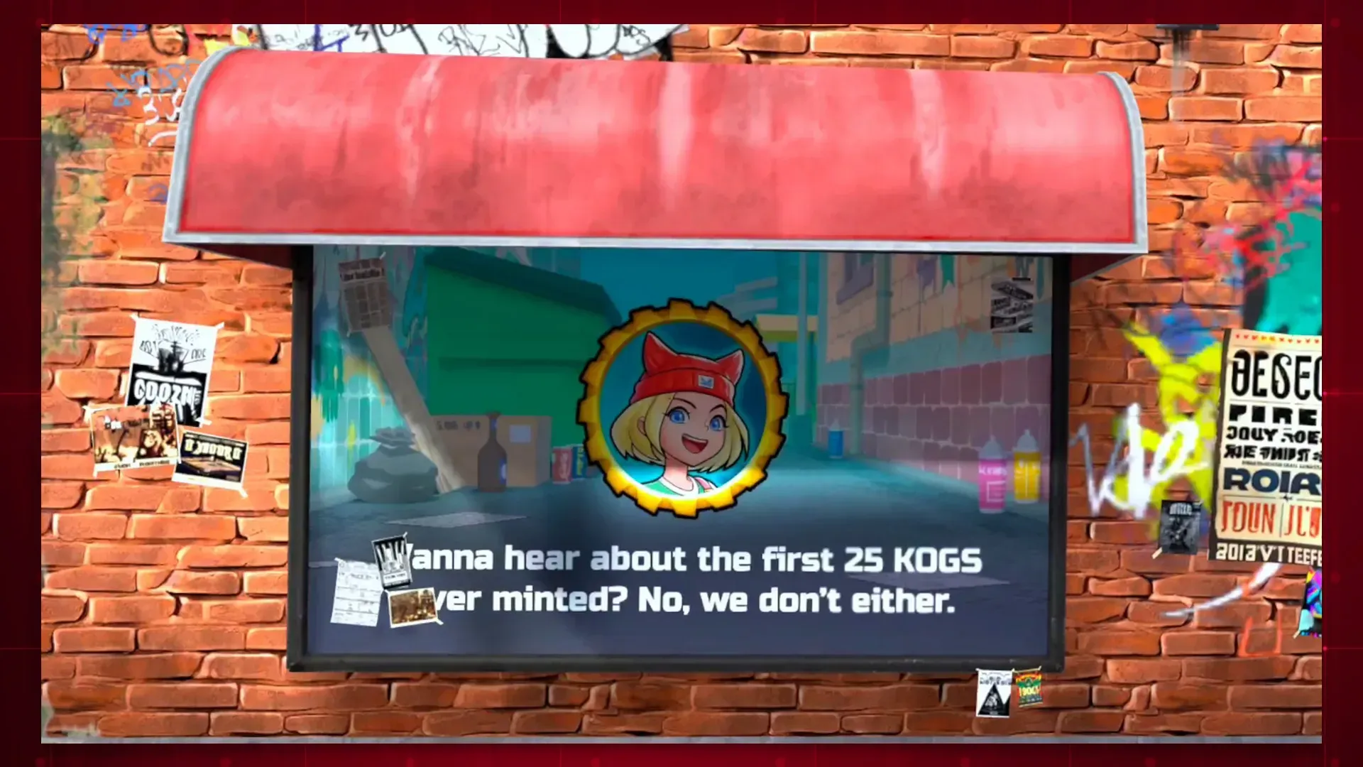 A brick wall with a billboard and graphic posters in the KOGs Land of the RFOX VALT metaverse