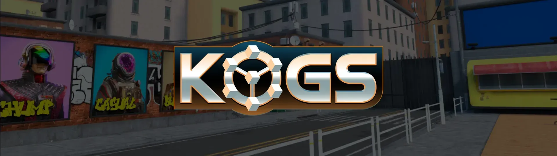 Image of a logo with the text KOGS in white capital letters. Behind the logo is the KOGs Land in the RFOX VALT metaverse.