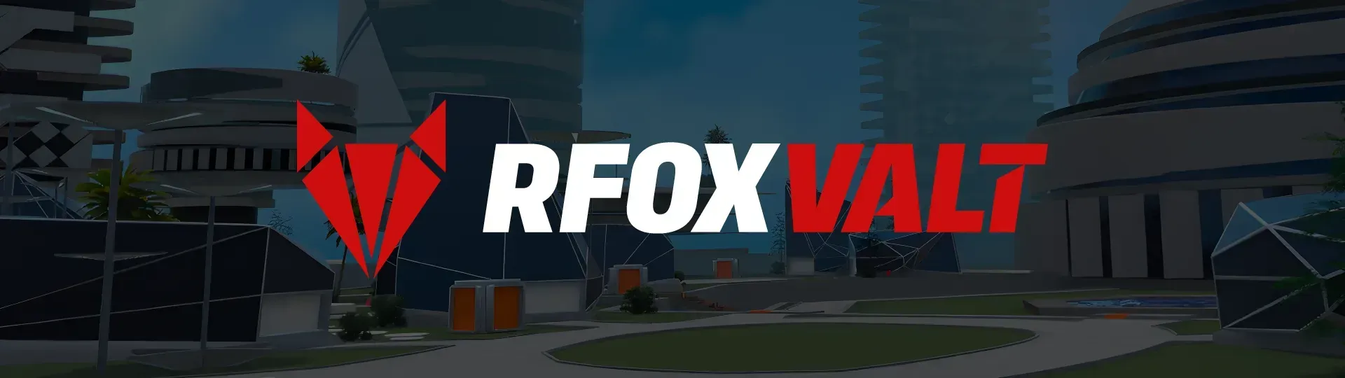 A logo with the text RFOX in white and red, above a blue and purple image of a metaverse in the RFOX VALT.