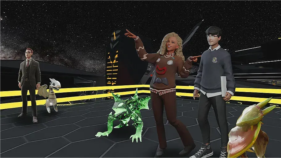 Avatars in a futuristic metaverse setting, showcasing advanced technological infrastructure and WebXR.