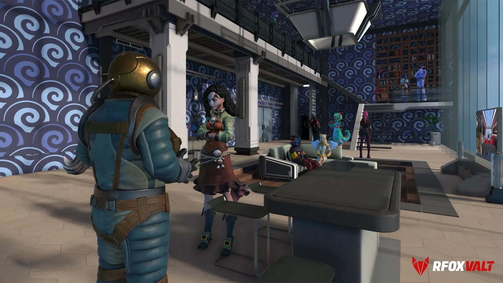 A couple of CitiXens and avatars are chilling inside a Penthouse Apartment in the RFOX VALT metaverse