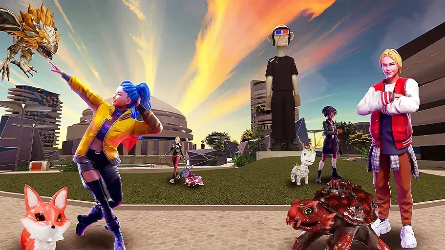 Avatars interacting in a persistent, always-on metaverse with dynamic virtual environments.