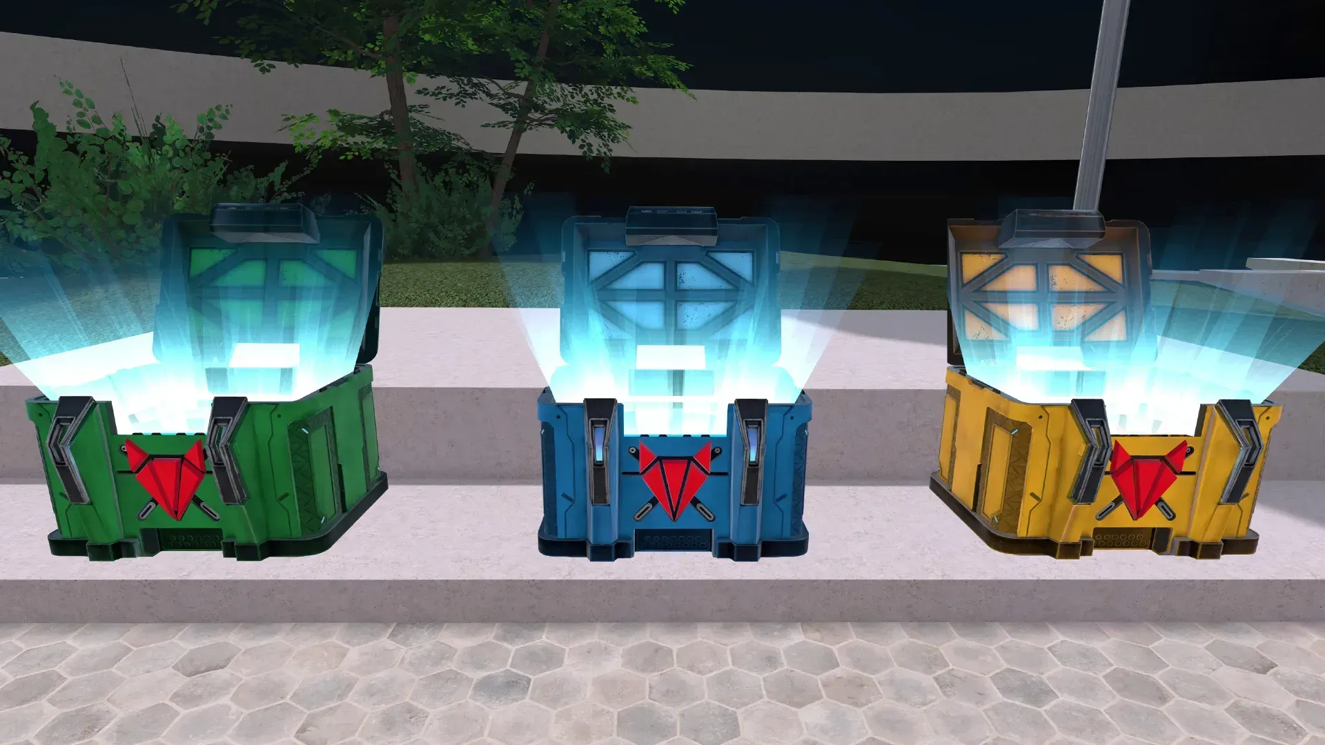 A group of three open chests with a glowing light coming out of them