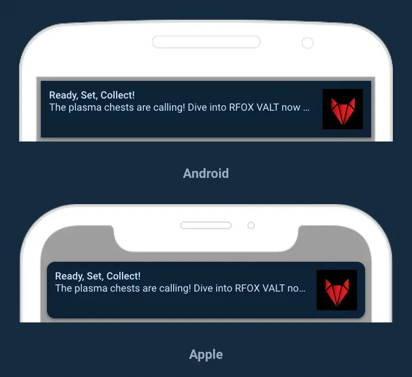 2 screenshots of mobiles Android on top and Apple iOS at the bottom showing a push notification of the RFOX VALT