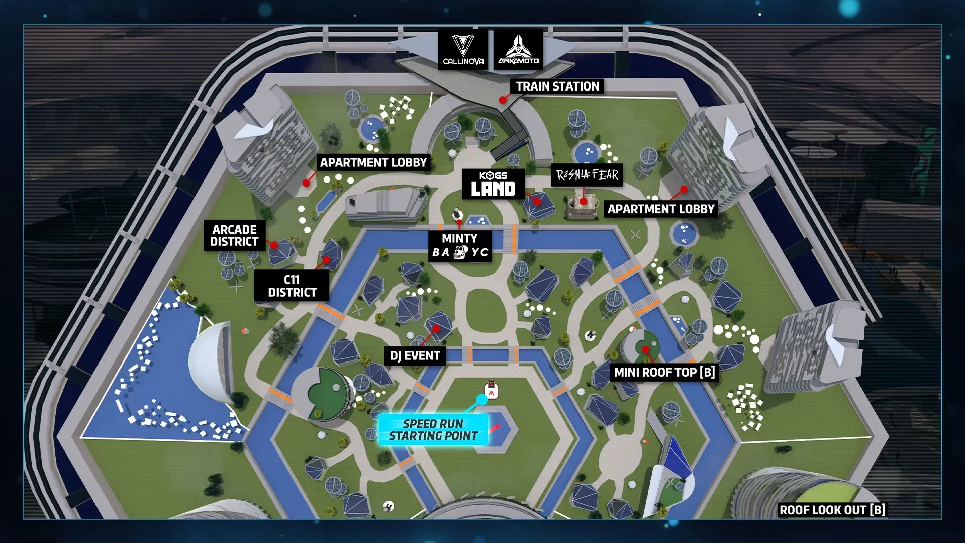 Map of Qua5ar in the RFOX VALT metaverse highlighting Speed Run Starting Point, DJ Event, Arcade District, and Apartment Lobby.