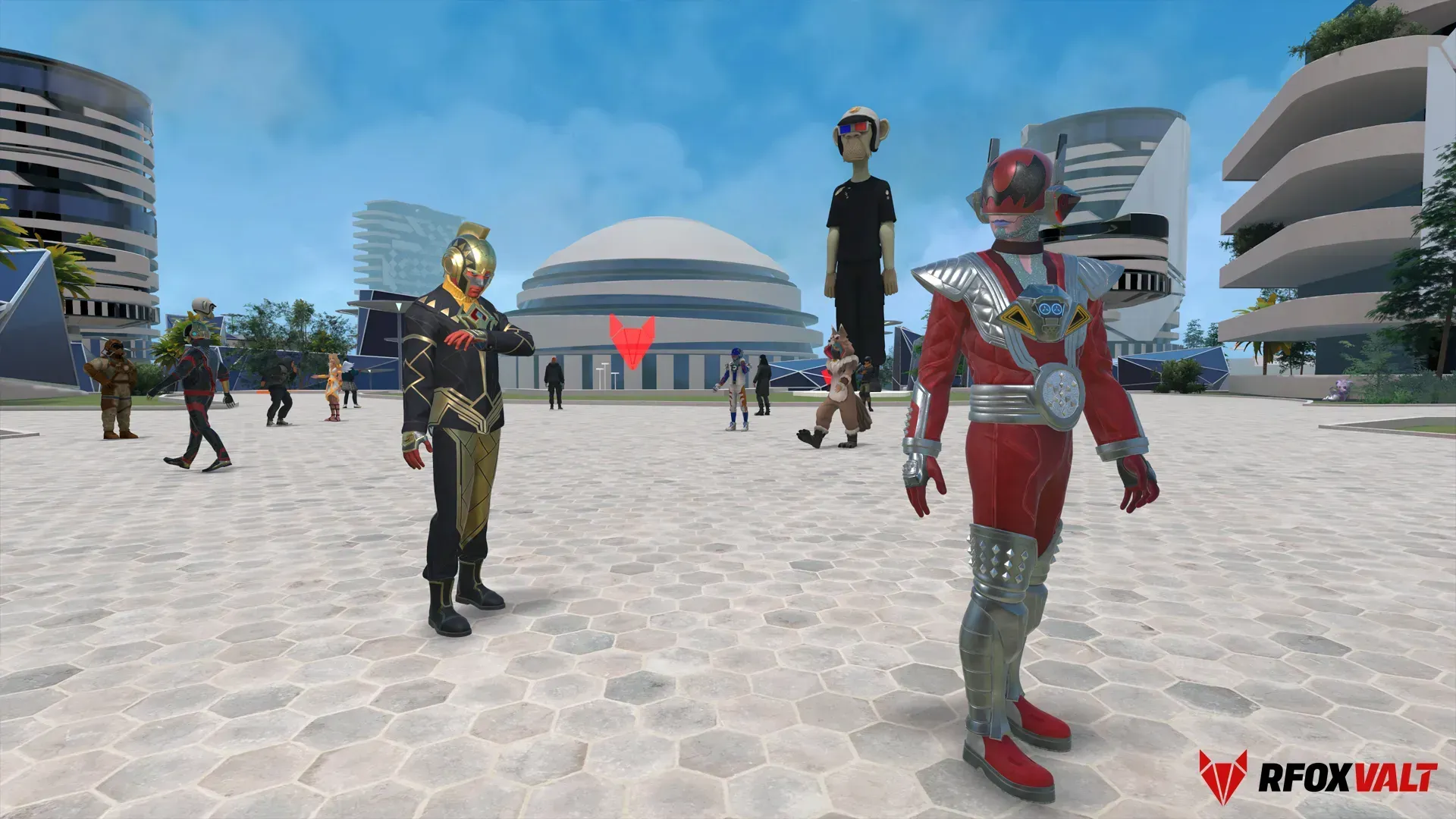 CitiXens and avatars are posing in front of the Qua5ar virtual world in the RFOX VALT metaverse