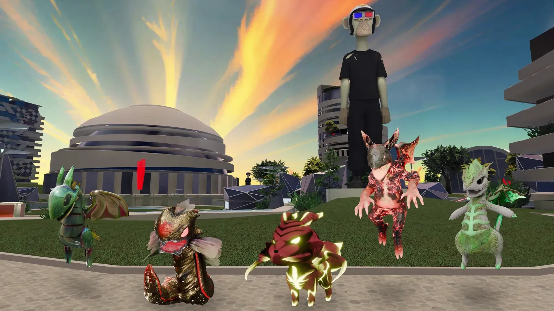 Five KOGs ultra rare pets side-by-side at Qua5ar District in the RFOX VALT metaverse