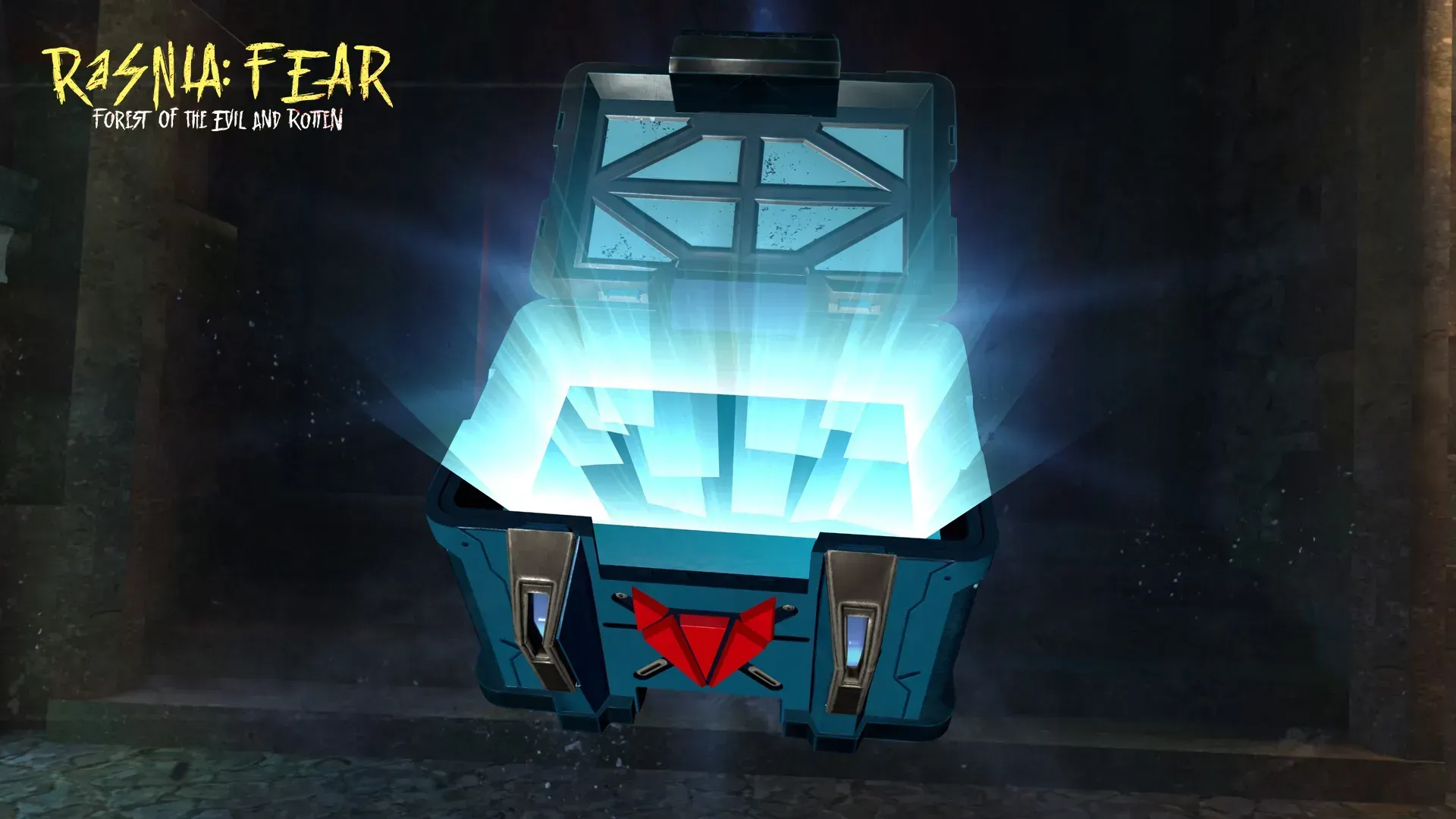 An opened blue Plasma chest in a metaverse game with glowing light and a logo of RaSNIA:FEAR on the top left