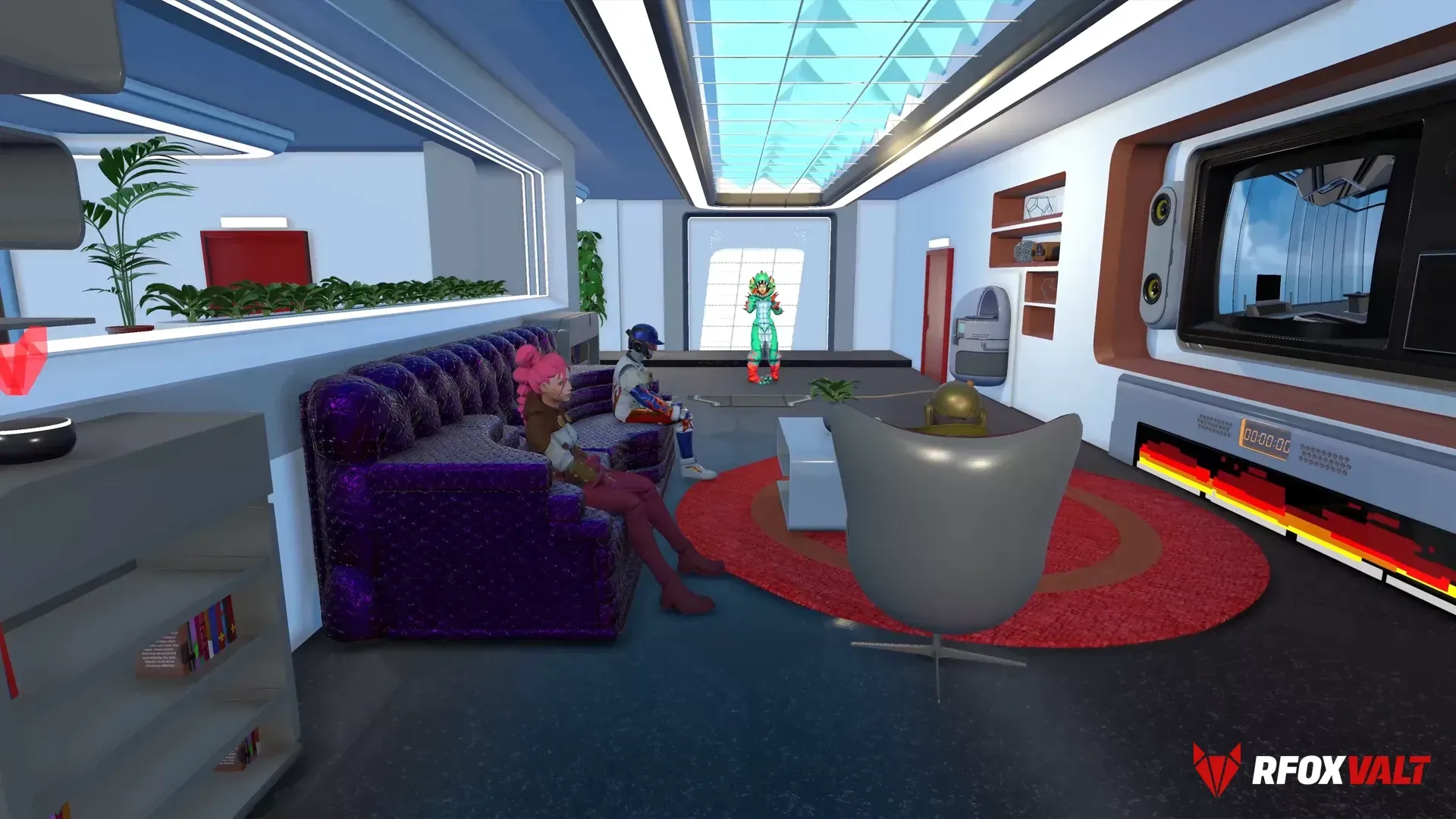 Four CitiXens and avatars are chilling inside a Standard Apartment in the RFOX VALT metaverse