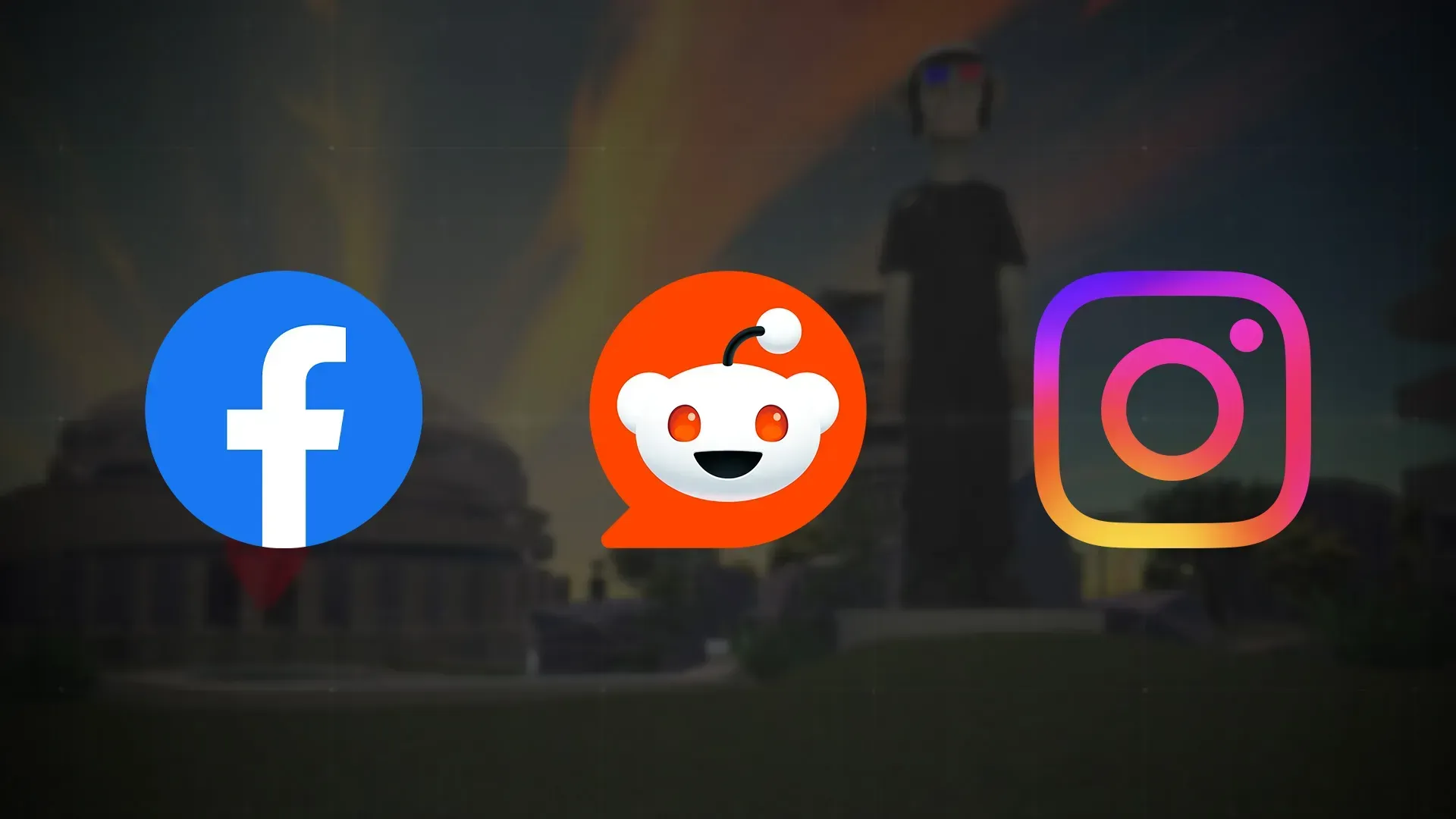 Social media icons (Facebook, Reddit, Instagram) overlaid on a blurred metaverse background, symbolizing online community interaction.