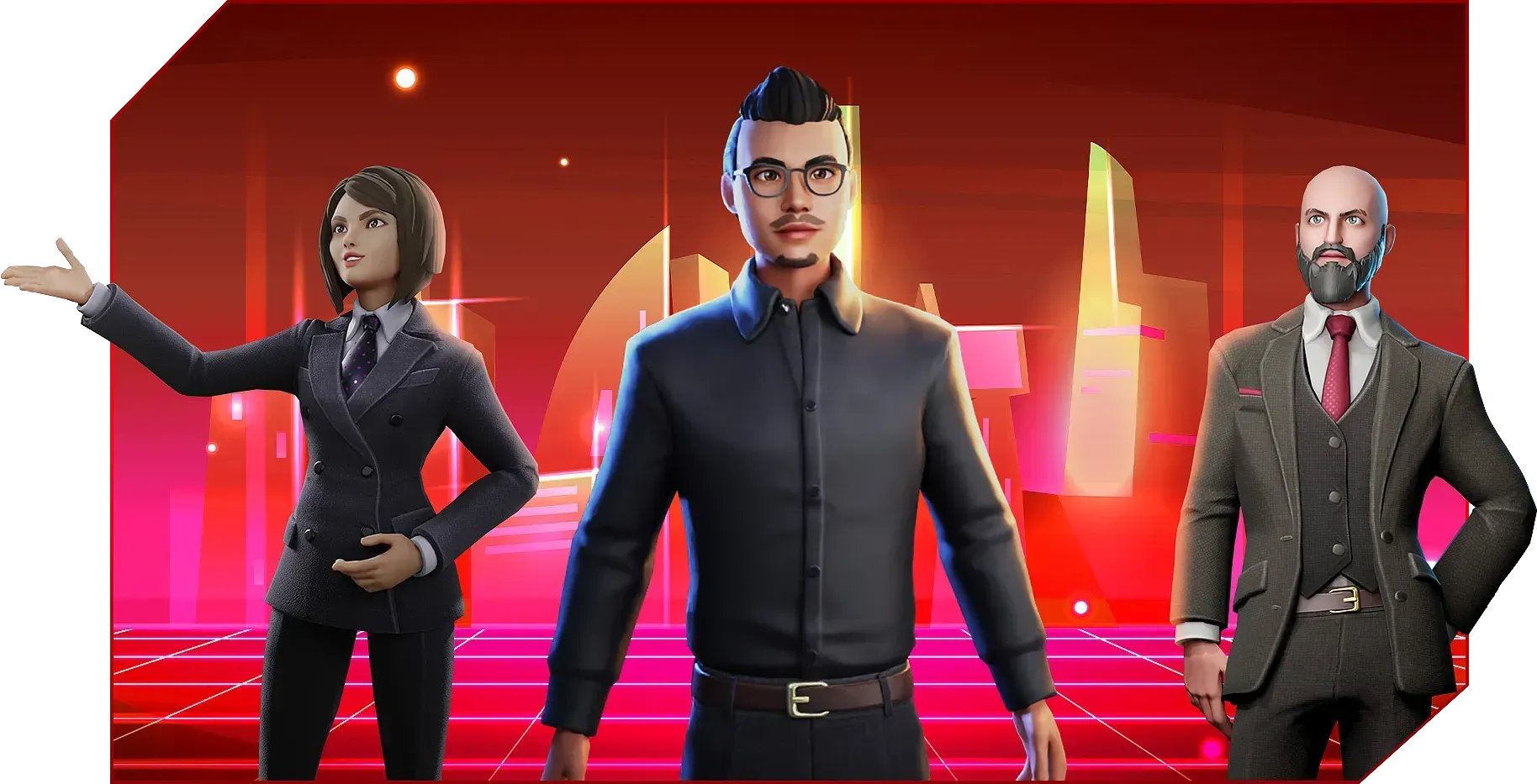 Avatars in a digital metaverse setting, representing foundational pillars for a sustainable virtual world.