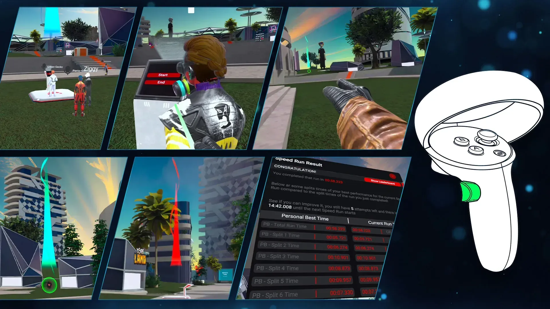Screenshots of a virtual speed run game showing start, waypoint collection, reaching the end, and results screen with a VR controller.