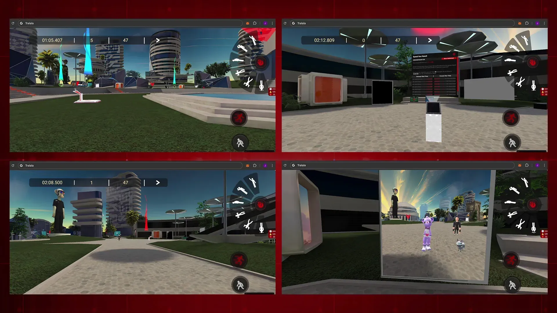 Four screenshots of browser tabs showing the RFOX VALT using cross-platform integration powered by WebGL