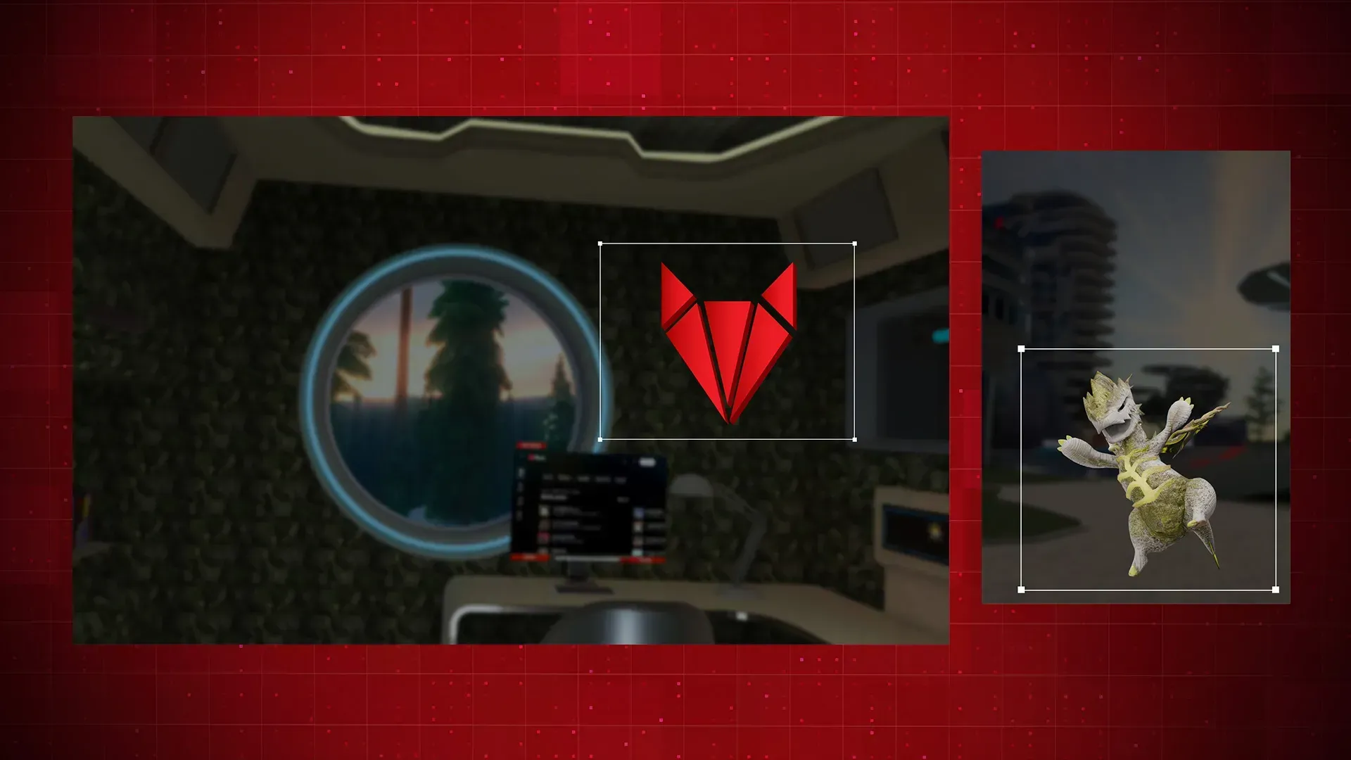Virtual reality scene with a circular window showing trees, a red RFOX VALT logo, and a yellow dragon-like creature pet companion NFT.
