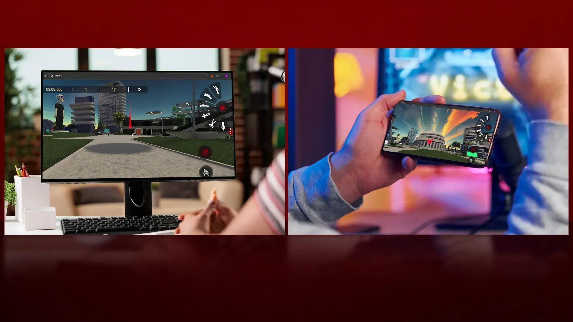 Comparison of a person playing a game on a desktop monitor and a smartphone, highlighting WebXR's cross-device compatibility.
