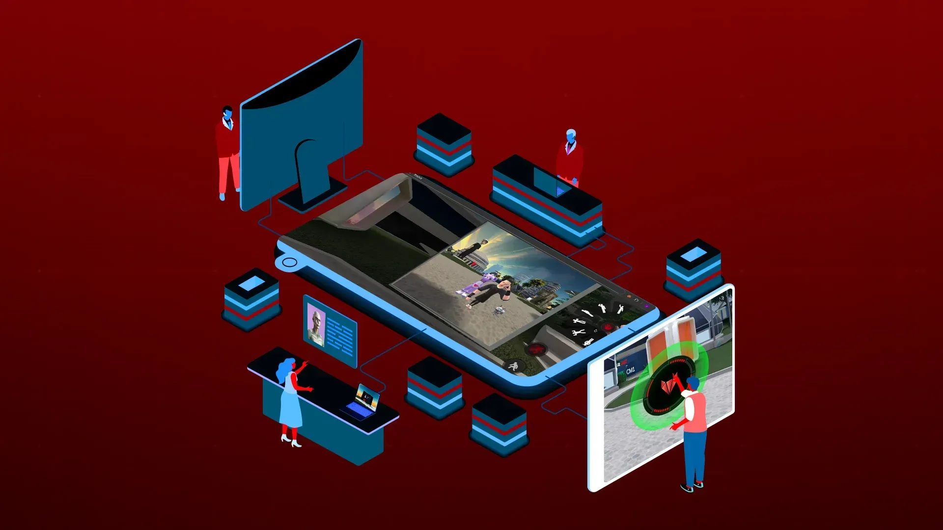 Futuristic digital scene showing developers using various devices, highlighting WebXR's immersive benefits.