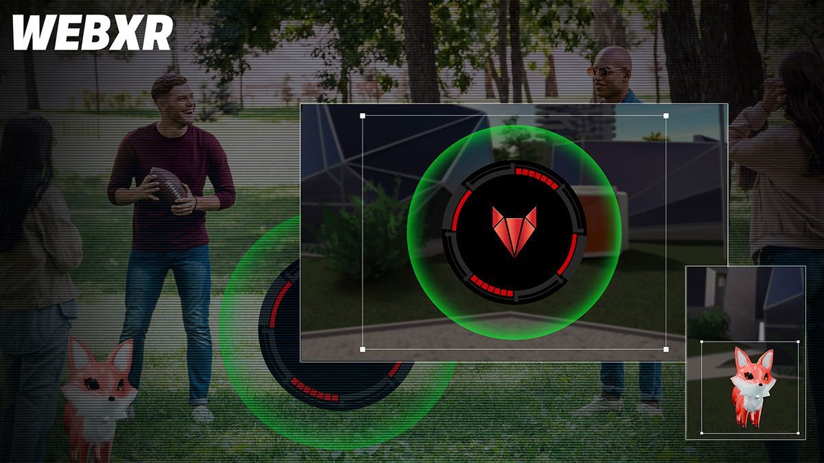 People using WebXR technology in a park, interacting with virtual elements like RFOX VALT metaverse.