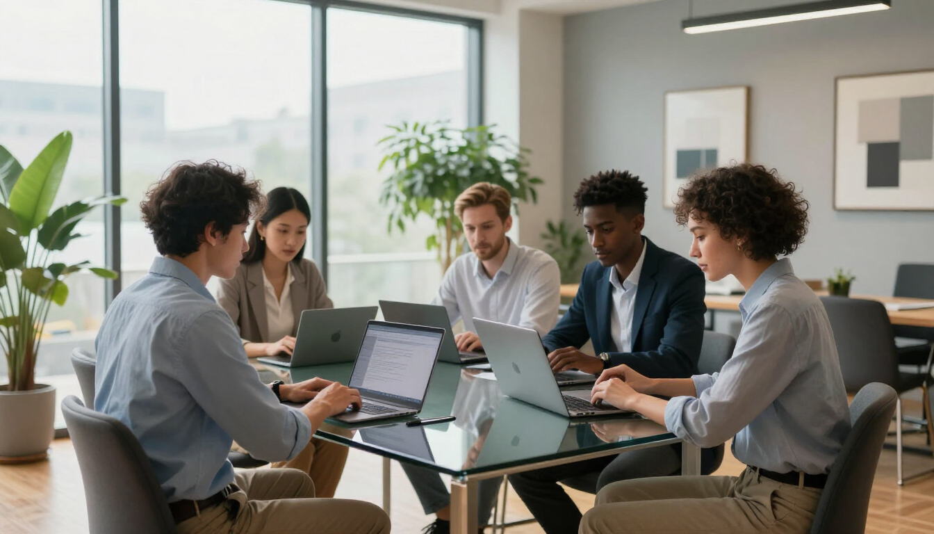Professional team working in a modern office environment.