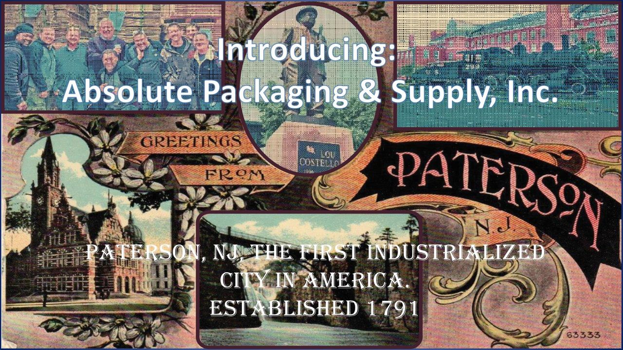 Advertisement for Absolute Packaging & Supply, Inc. featuring historic images of Paterson, NJ: buildings and people.